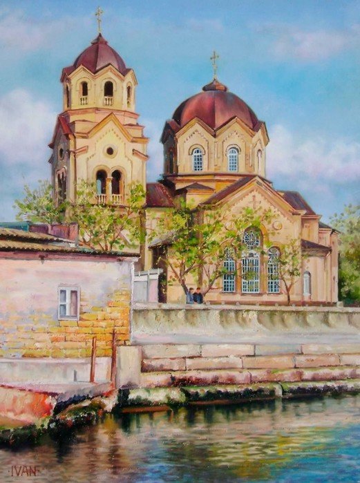 Ильинская церковь в Евпатории - храм, море, крым, город, живопись, солнце - оригинал