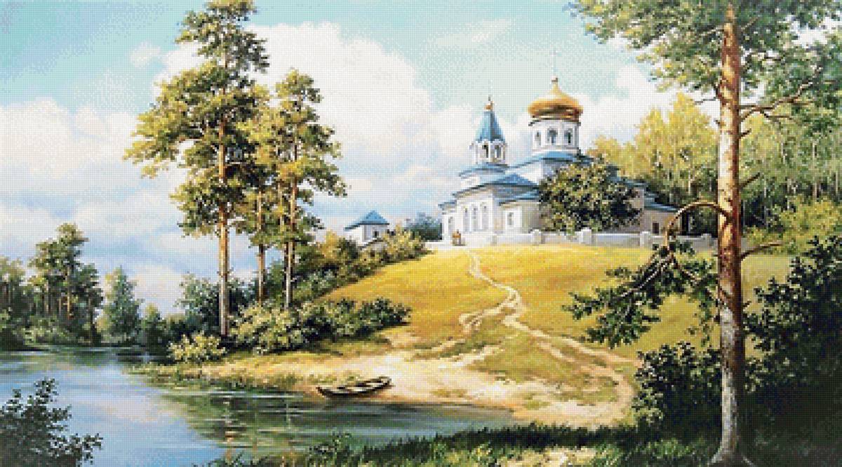 Храм у реки - лето, картина, пейзаж, река - предпросмотр