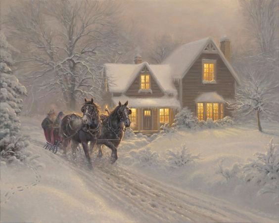 Метель - домик, лес, метель, повозка с лошадьми, люди, зима - оригинал