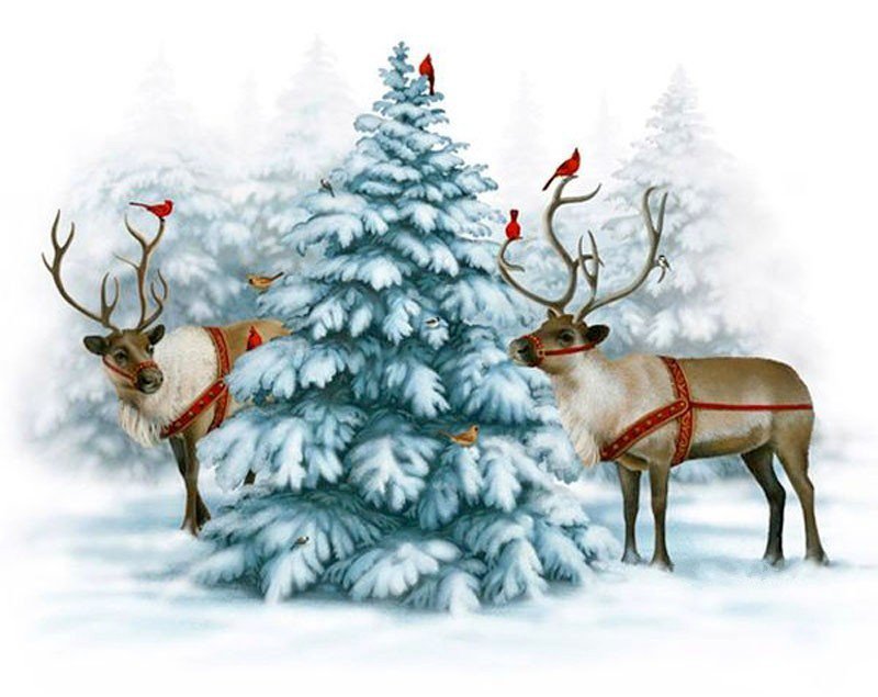 Олени у ёлки - олени, елка, лес, зима - оригинал