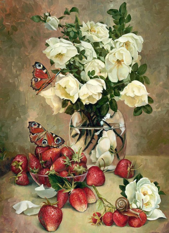 Розы и клубника - цветы. ягоды. натюрморт, живопись - оригинал