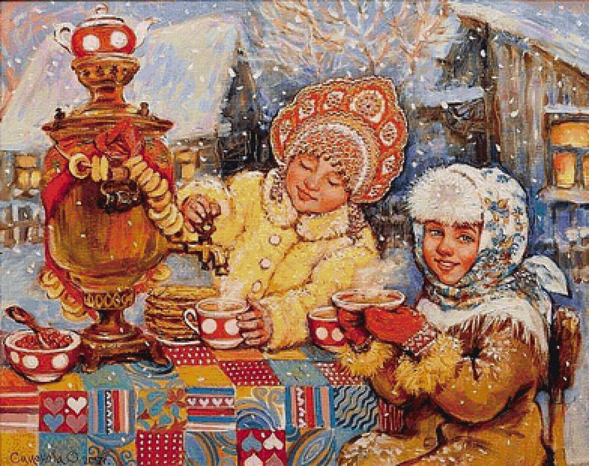 Масленица - праздник, чай, снег, блины, самовар, зима, мед - предпросмотр