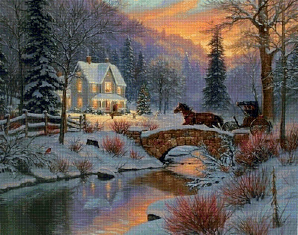 Горный зимний пейзаж - горы, дом, мостик, повозка, речка, лес - предпросмотр