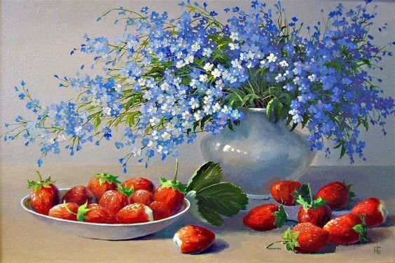 НАТЮРМОРТ С НЕЗАБУТКАМИ, КЛУБНИКОЙ - натюрморт с цнезабутками, клубникой - оригинал