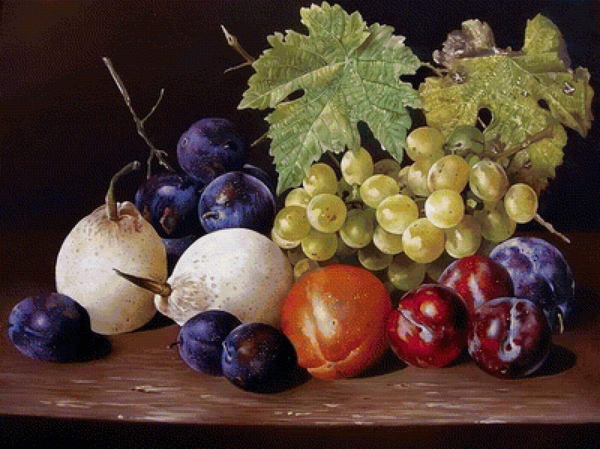 Фрукты - виноград, сливы, фрукты, натюрморт, груши, живопись - предпросмотр