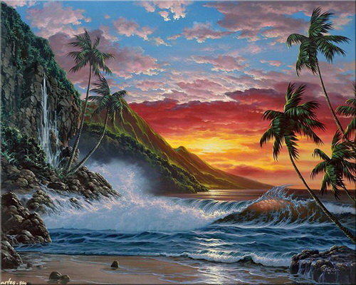 закат на пляже - пальмы, море, закат, пляж - оригинал