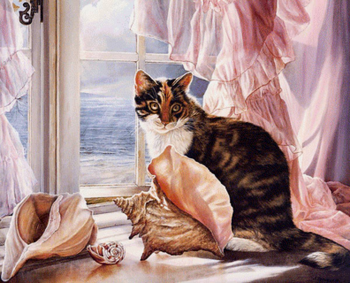 Кошка и море - коты, окно, ракушки, живопись, море - предпросмотр