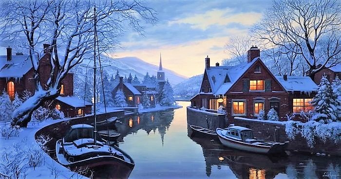 Старая гостиница у реки - картина, город, живопись - оригинал