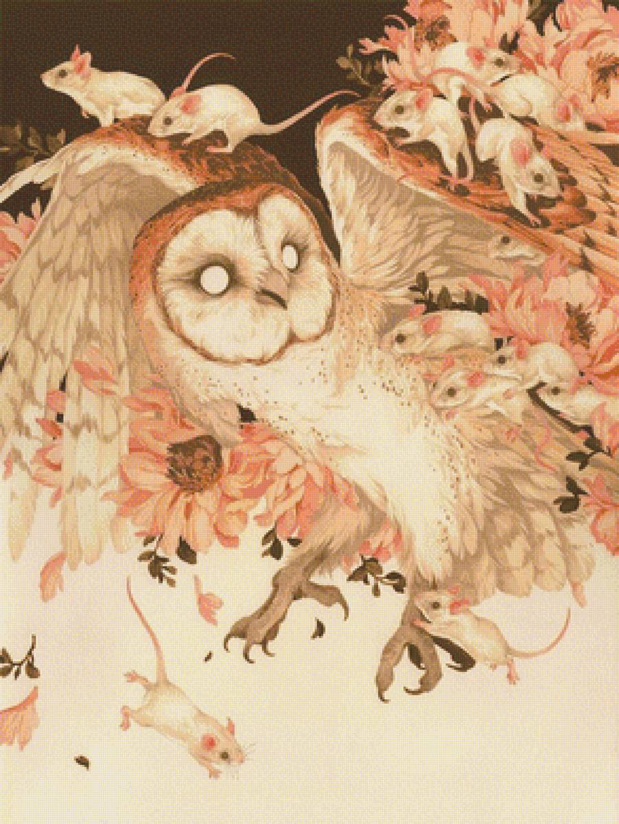 65656 - винтаж, вечер, сова, мышки, цветы - предпросмотр