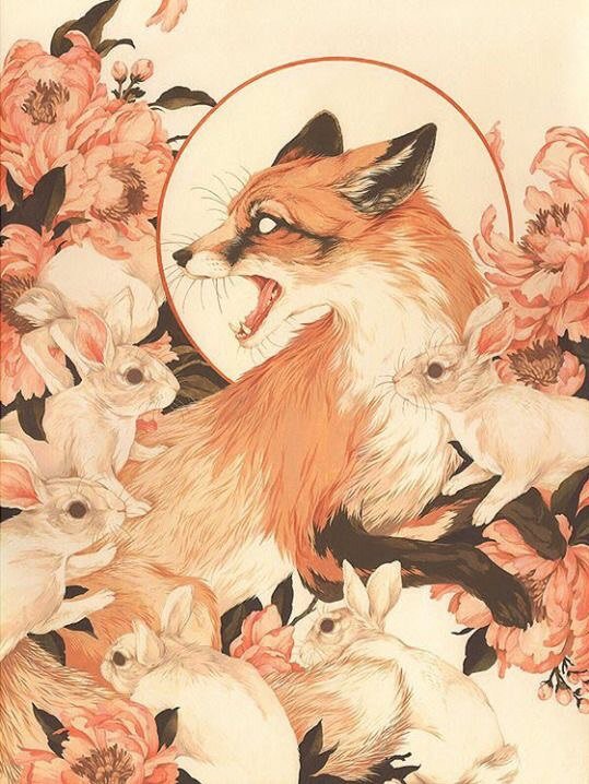 4565667 - цветы, винтаж, лиса, кролики - оригинал