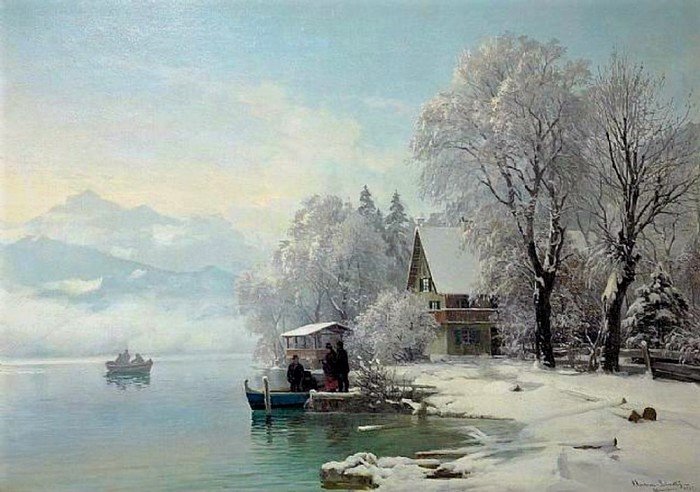 На берегу - живопись, зима, картина - оригинал