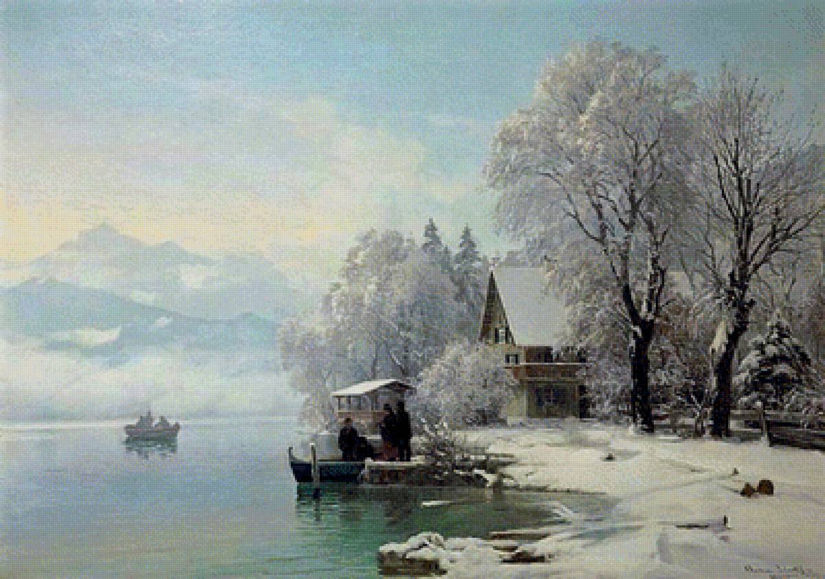 На берегу - картина, живопись, зима - предпросмотр