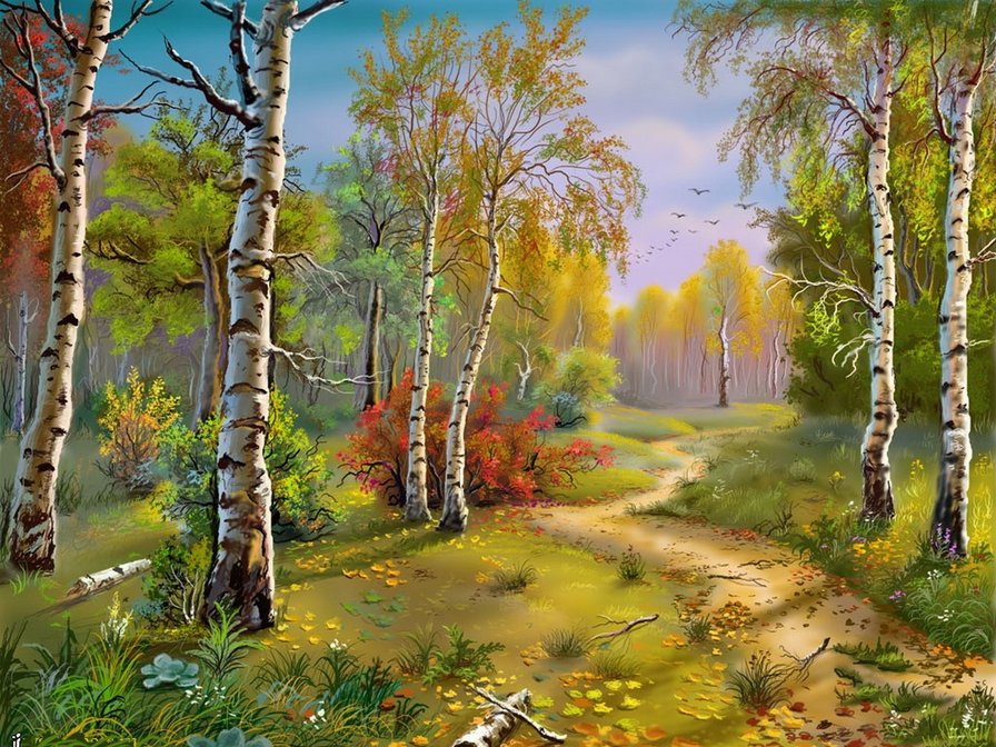 Осень - лес, тропинка, береза, картина - оригинал