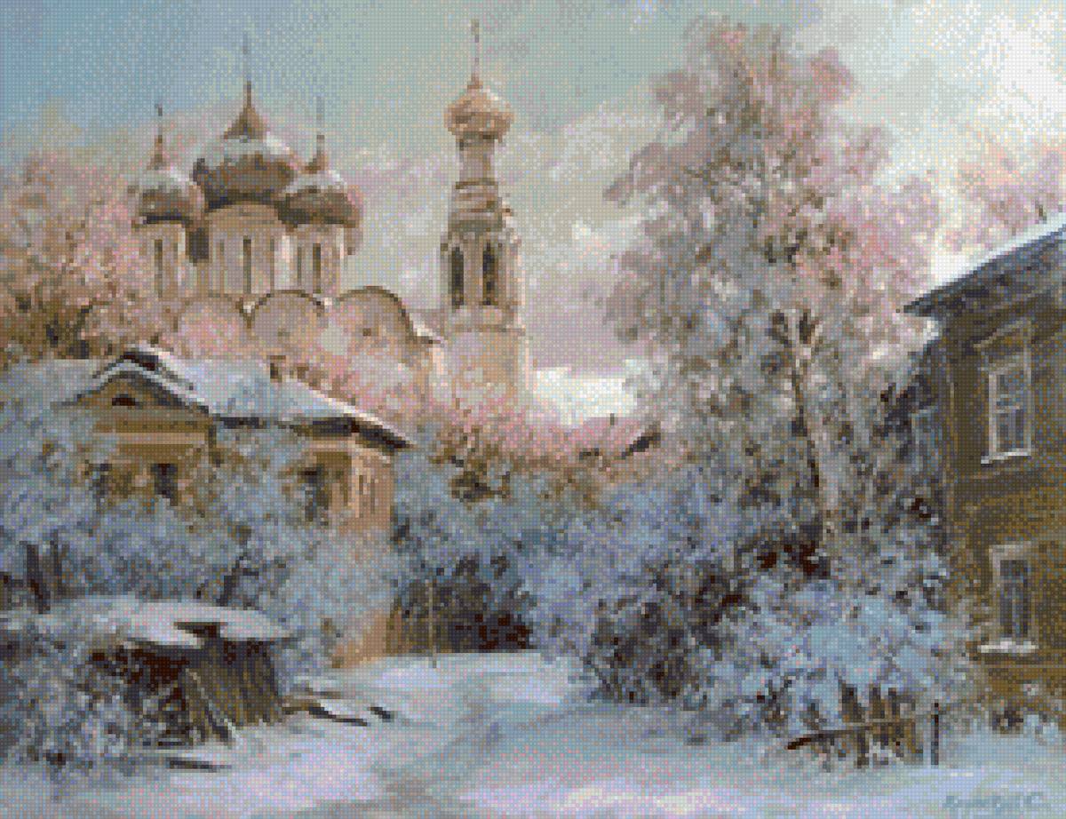 зимой - снег, церковь, во дворе, мороз - предпросмотр