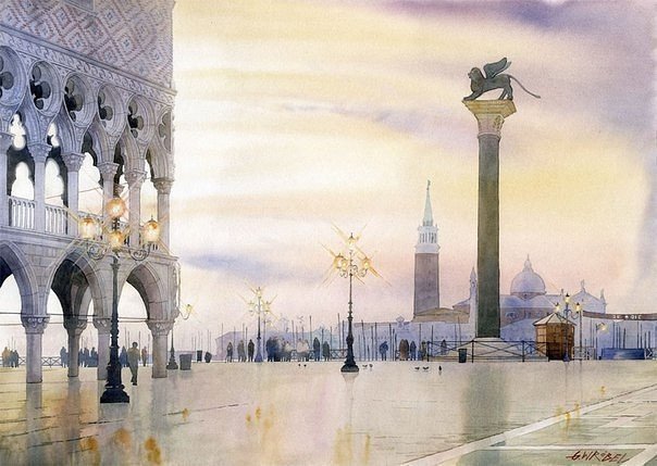 Утро в Венеции - живопись, площадь, фонари, город, дворец, акварель - оригинал
