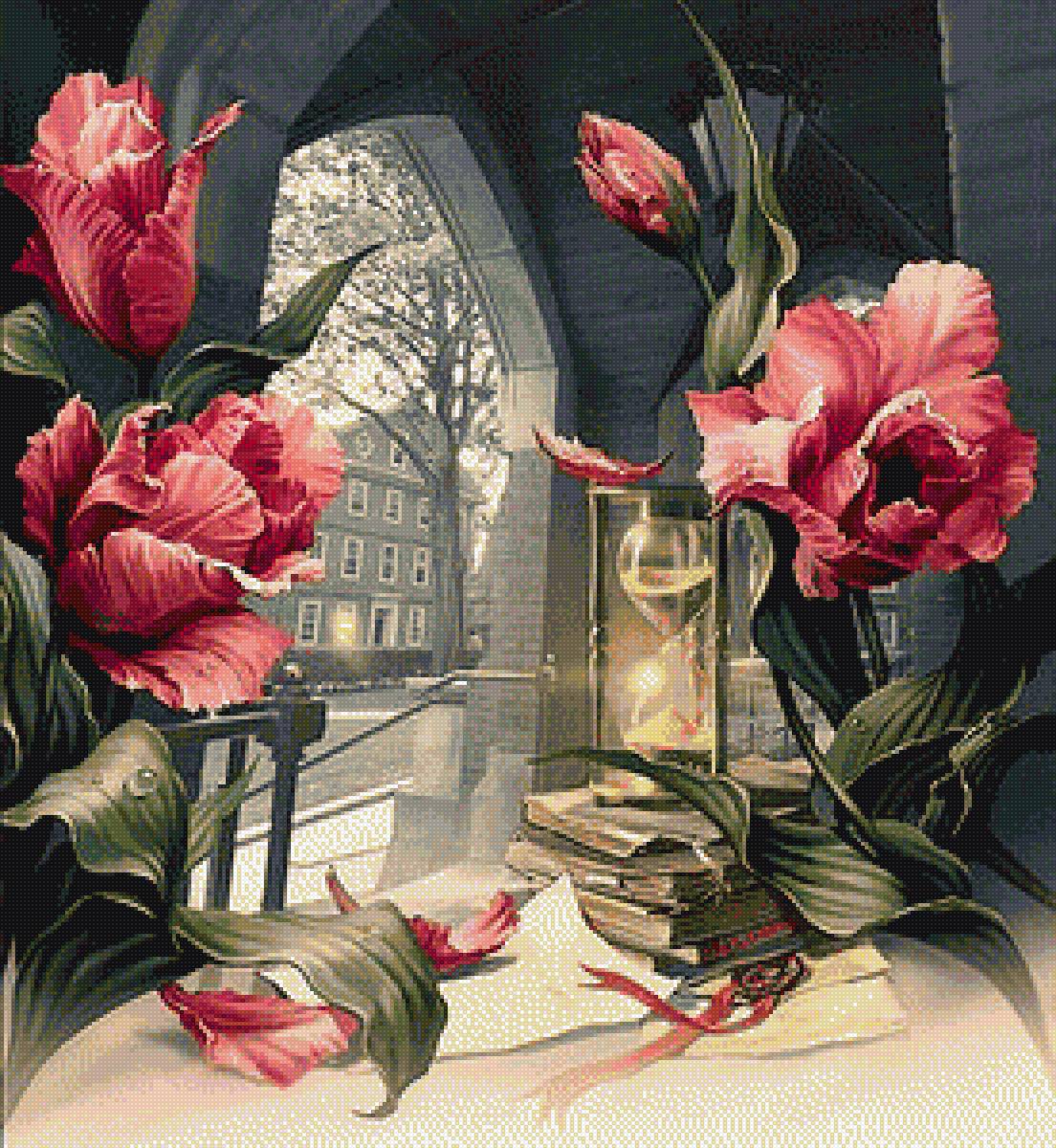 Цветы у окна - часы, цветы, окно - предпросмотр