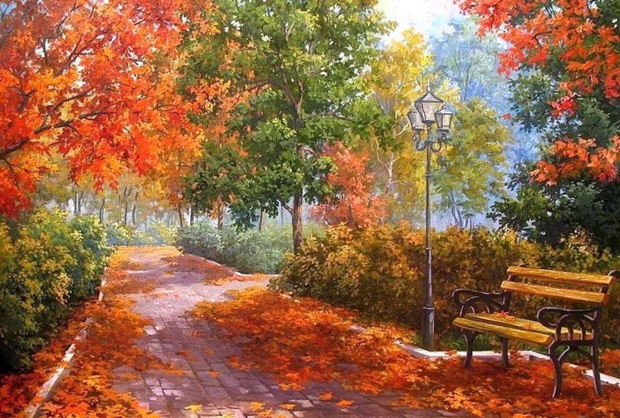 №1654552 - фонарь, осень, лавочка, парк - оригинал