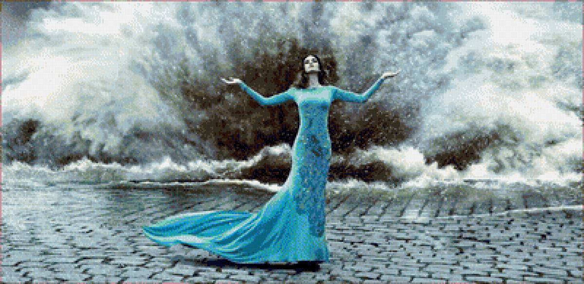 Бирюзовое платье - черный, серый, девушка, белый, голубой, монохром, бирюза - предпросмотр