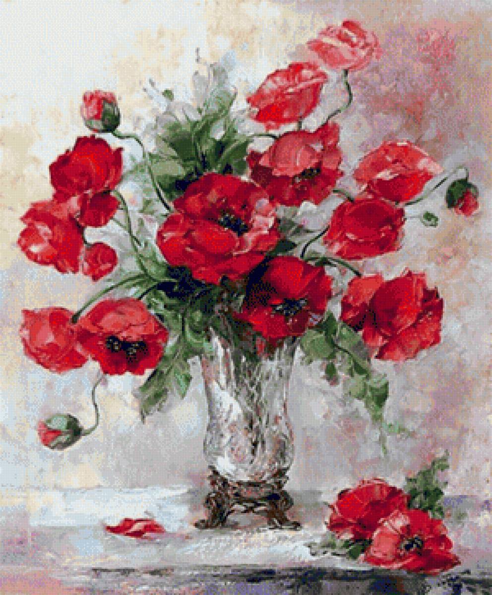 Чудные маки Оксаны Кравченко - красные, ваза, маки, цветы - предпросмотр