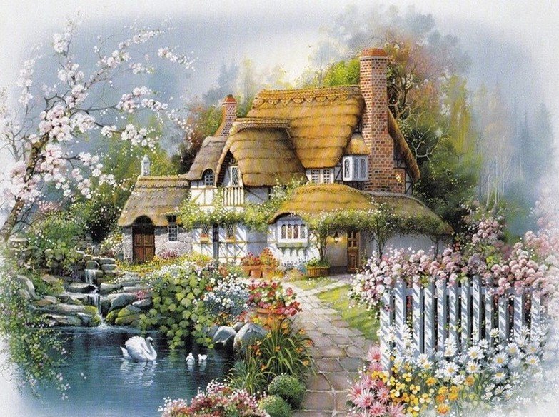 Сказочный домик - природа, пруд, картина, дом - оригинал