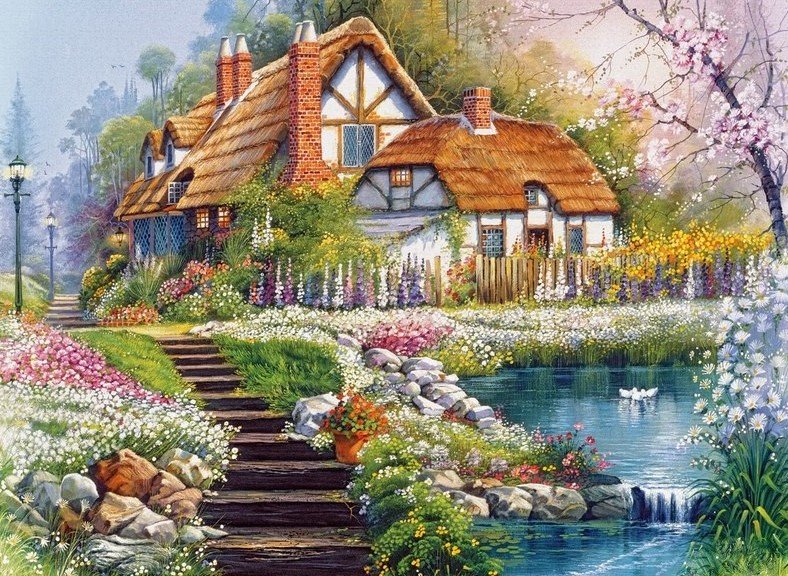 Сказочный домик - пруд, природа, дом, картина - оригинал