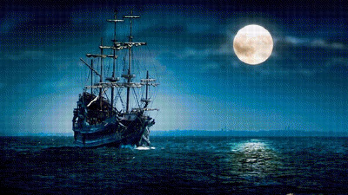 Корабль - корабль, ночь, луна., море - предпросмотр
