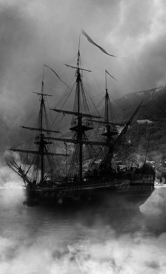 Корабль - море, черно-белый, пираты, шторм - оригинал