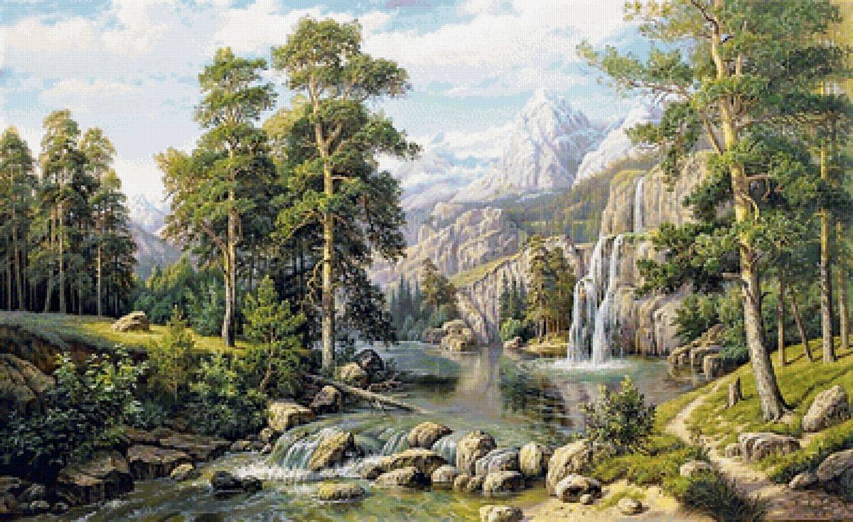 вид с водопадом - живопись, картина, природа - предпросмотр