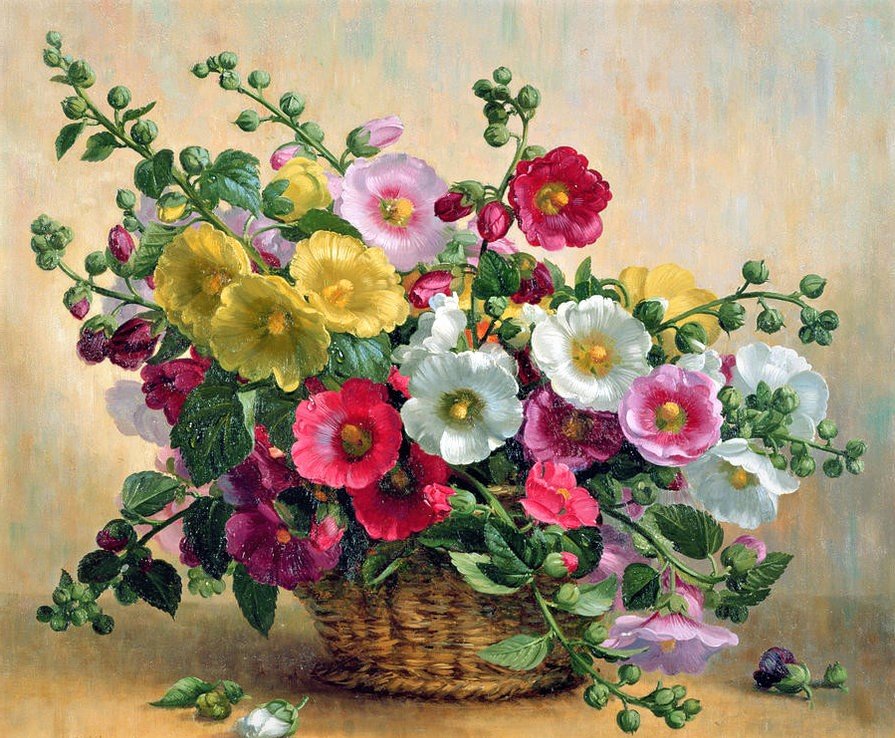 мальвы в корзине - цветы, картина, живопись - оригинал