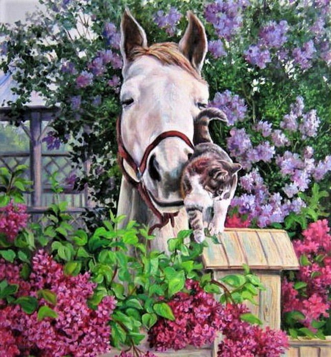 лошадь и кот - животные, картина, живопись, природа - оригинал