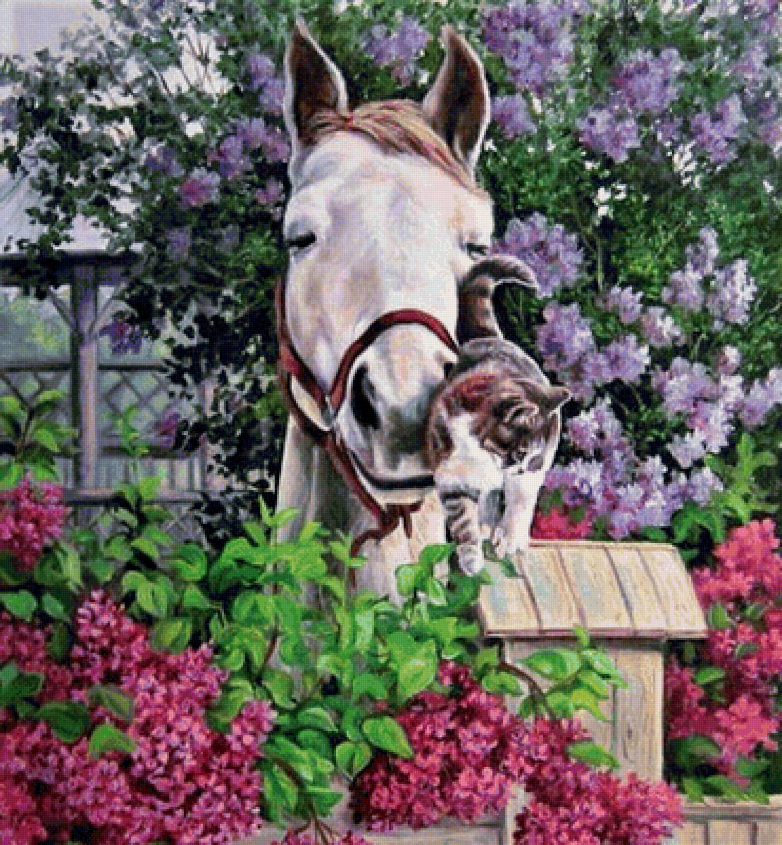 лошадь и кот - природа, живопись, картина, животные - предпросмотр