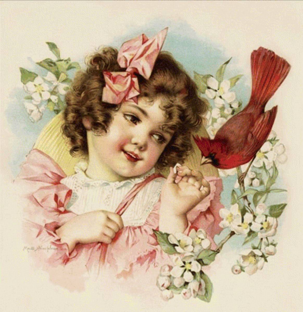 девочка с птичкой - картина, природа, люди - предпросмотр