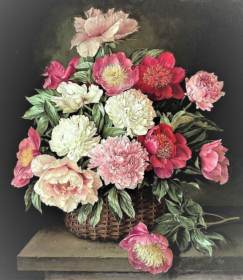 пионы в корзине - живопись, цветы, картина - оригинал