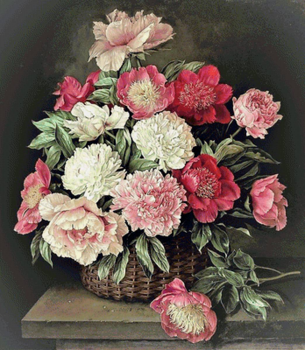пионы в корзине - живопись, цветы, картина - предпросмотр