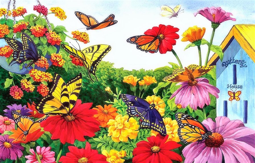 дом бабочек - живопись, бабочки, цветы, картина, природа - оригинал