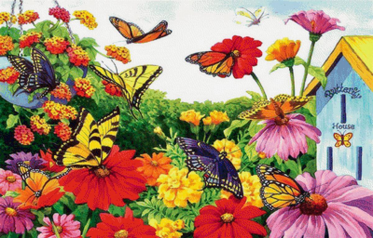 дом бабочек - природа, картина, цветы, бабочки, живопись - предпросмотр
