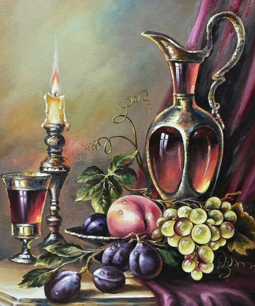 Натюрморт - виноград, фрукты, вино, свеча, сливы, натюрморт - оригинал