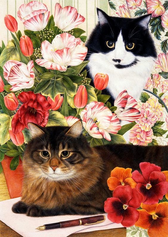 Кошки - арт, цветы, дом, пара, кот - оригинал