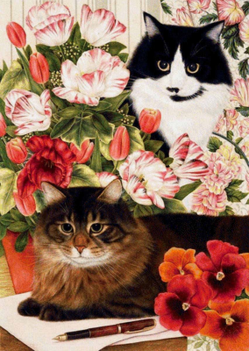 Кошки - арт, пара, кот, цветы, дом - предпросмотр