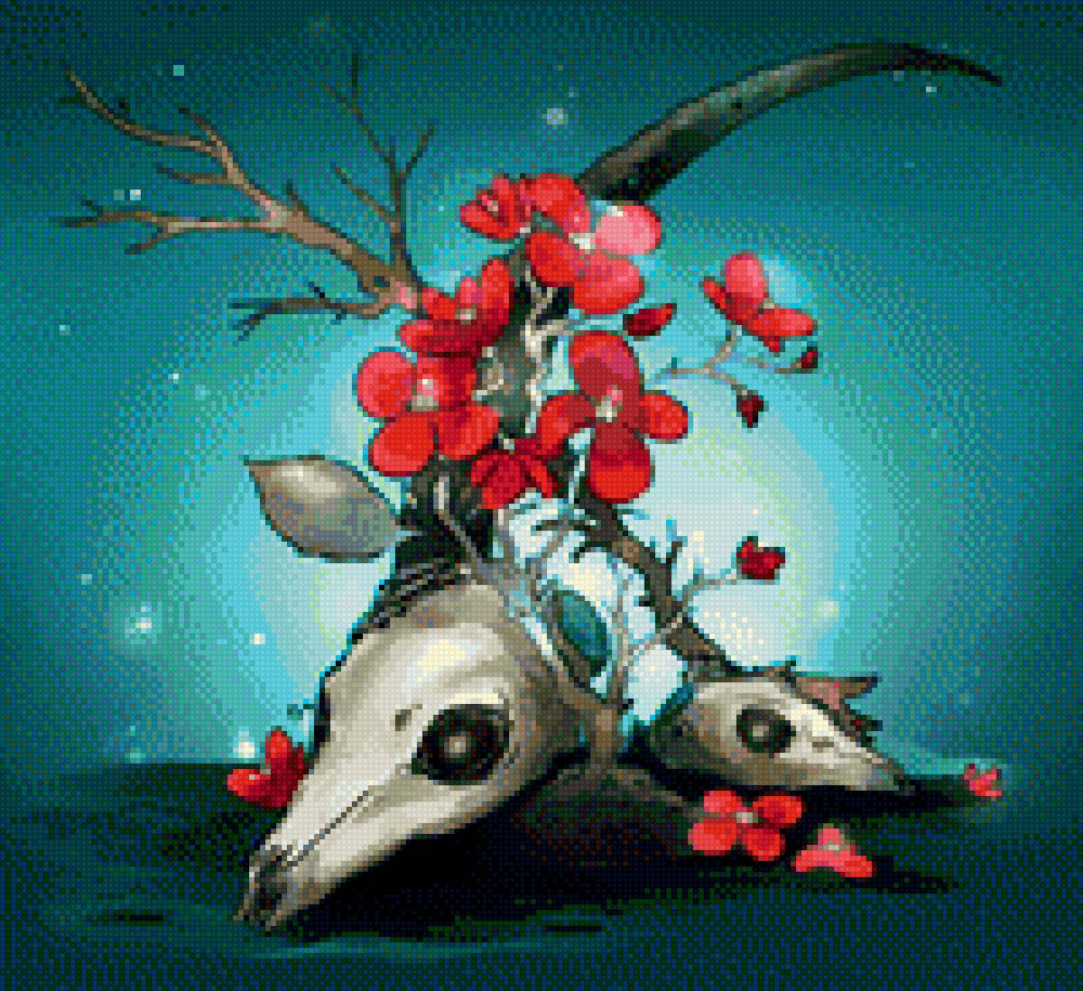 вечность - череп, рога, красный, цветы - предпросмотр