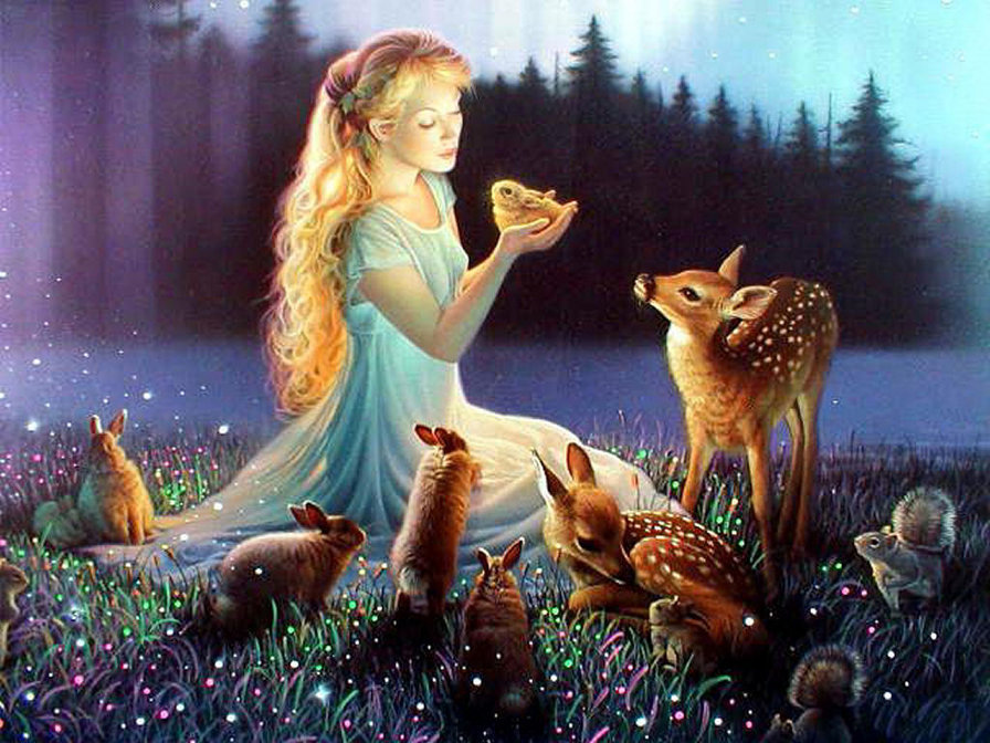 Девушка и лесные животные 2 - лес, животные, девушка - оригинал