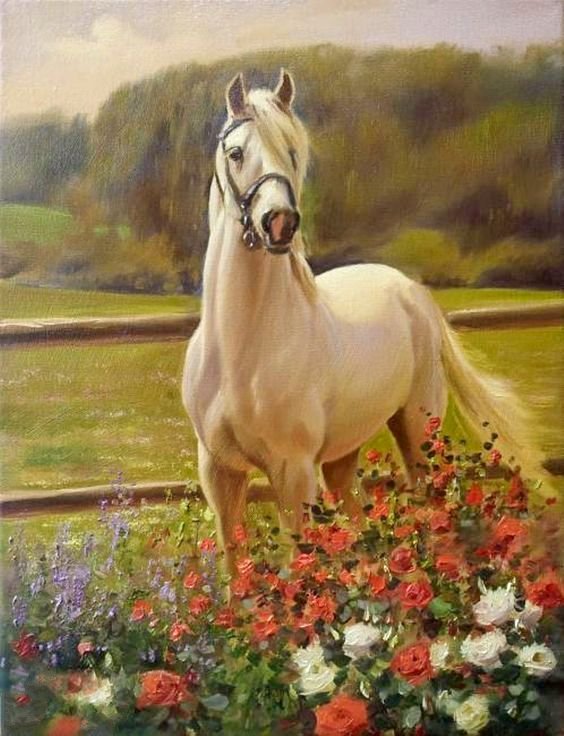 Белая лошадь - лошадь, животные, лес, цветы - оригинал