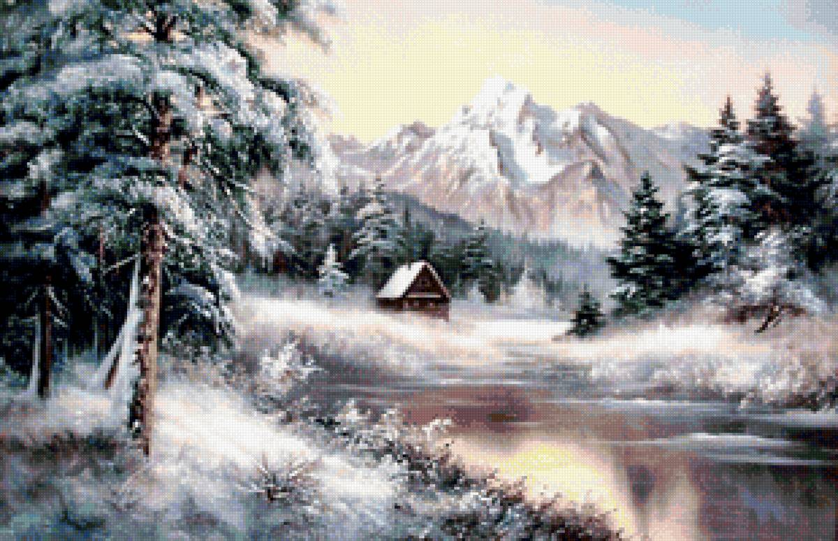 зимушка - зима, вода, озеро, пейзаж, снег, домик - предпросмотр