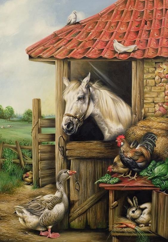 Мир животных - курица, петух, птицы, дом, животное, лошадь, арт, ферма - оригинал