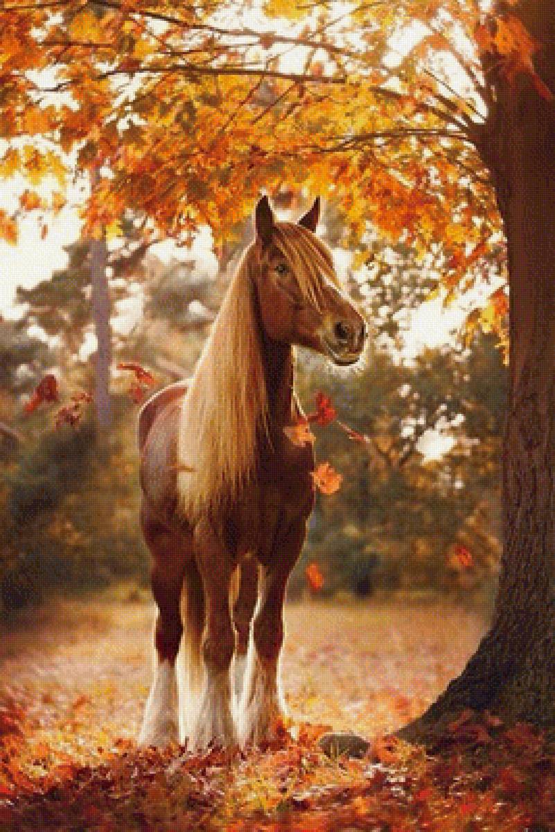 лошадь осенью - лес, лошадь, листья, осень, животные - предпросмотр