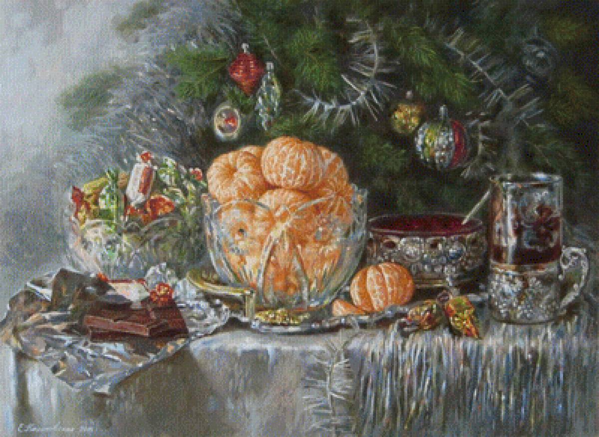 Новый год - калиновская, новый год, живопись, мандарины - предпросмотр