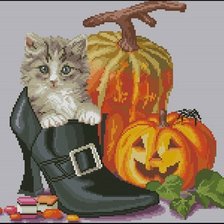 Схема вышивки «Хеллоуин и котенок»