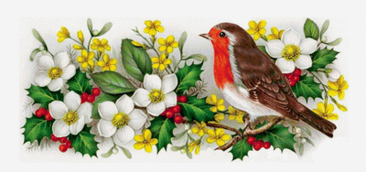 Птица на ветке - птица, ветка, цветы - предпросмотр