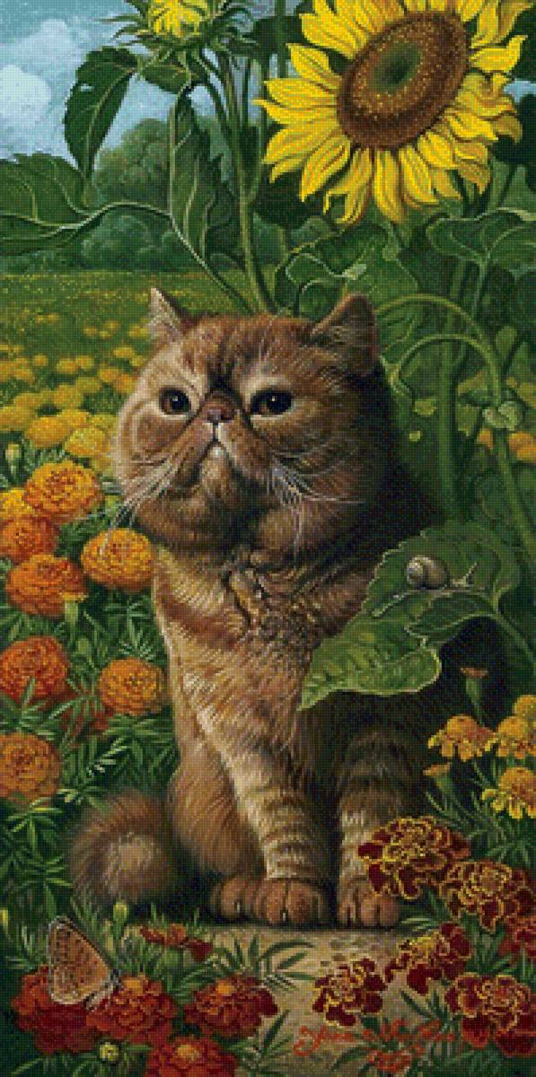 Котик - кот, цветы, панель, лето, арт - предпросмотр