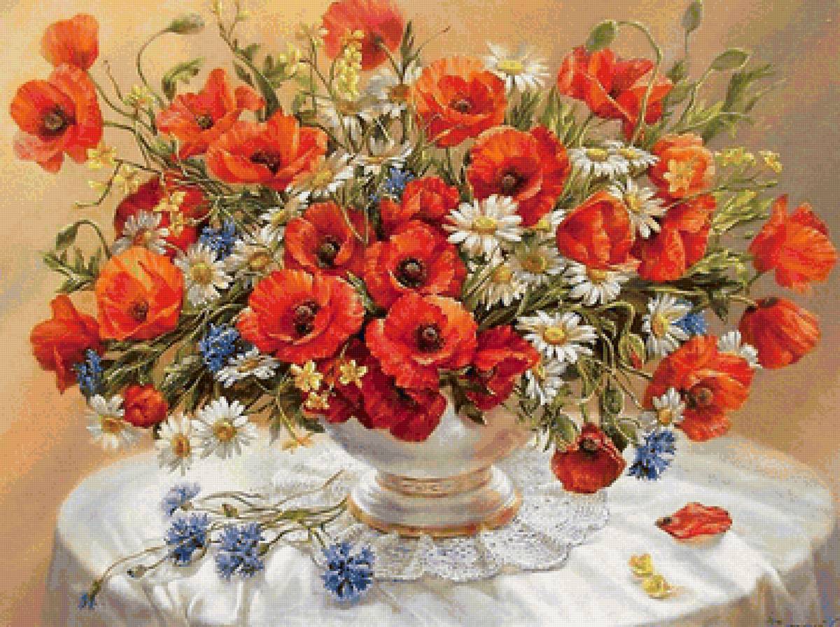 Букет с маками - ромашки, маки, цветы, ваза, букет - предпросмотр